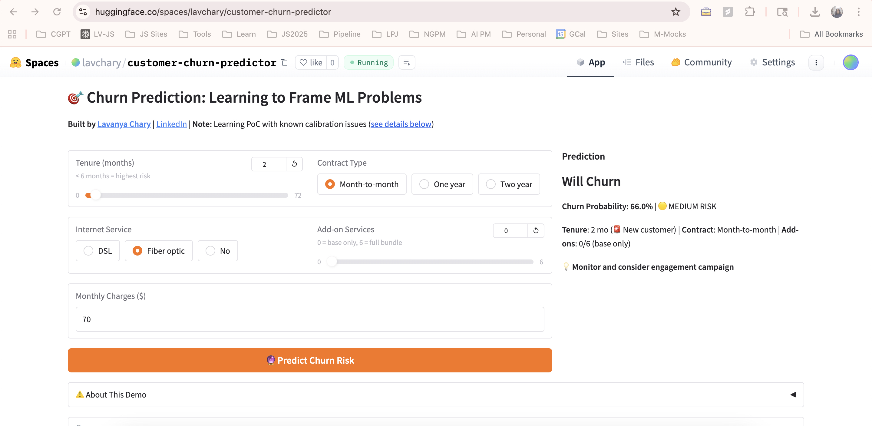 Customer Churn Predictor demo interface