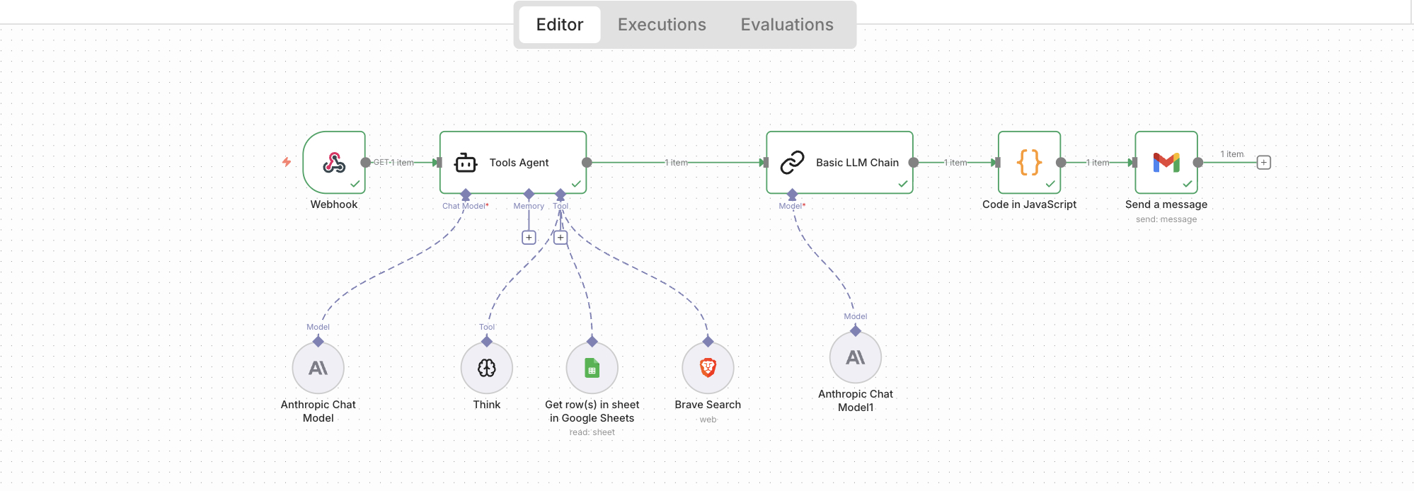 Competitor Intel Agentic Workflow diagram showing the n8n workflow with Google Sheets input, Brave Search, two-stage LLM chain, and Gmail output
